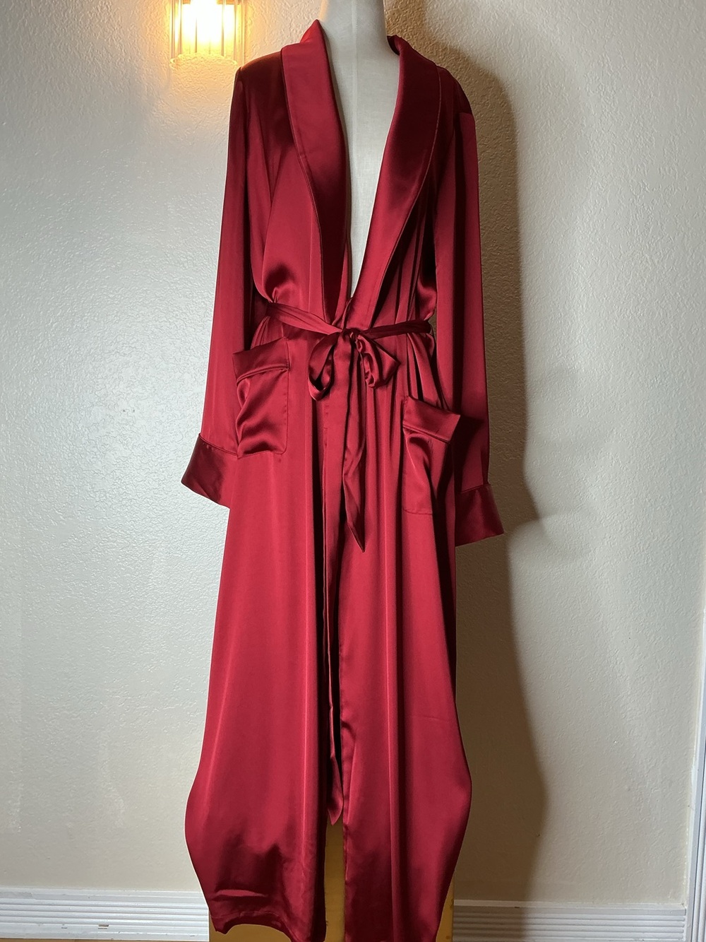 SKIMS Red Satin Long Robe with Self-Tie Belt